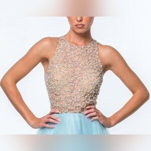 NWT Terani Couture Sky Blue Embellished Illusion Bodice Ballgown